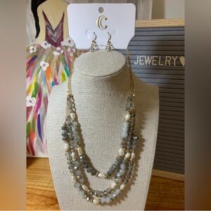 Charming Charlie Gray and Gold Multi-Strand Necklace & Earring Set